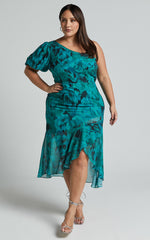 Clabelle Midi Dress - One Shoulder Ruffle Tulip Hem Dress in Emerald Blur Floral