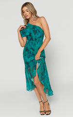 Clabelle Midi Dress - One Shoulder Ruffle Tulip Hem Dress in Emerald Blur Floral
