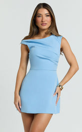 Claire Mini Dress - Tipped Shoulder Tulip Skirt Dress in Blue