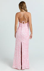 Clara Maxi Dress - Scoop Neck Tie Back Fitted Sequin Dress in Pink