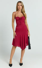 Clare Midi Skirt - Mid Waisted Asymmetric Bias Cut Slip Skirt in Cherry Red