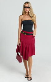 Clare Midi Skirt - Mid Waisted Asymmetric Bias Cut Slip Skirt in Cherry Red