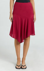 Clare Midi Skirt - Mid Waisted Asymmetric Bias Cut Slip Skirt in Cherry Red