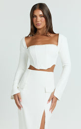 Clarissa Top - Square Neck Pearl Trim Long Sleeve Top in Off White