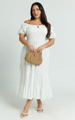 Claritza Midi Dress - Linen Look Short Puff Sleeve Square Neck Tiered Dress in White
