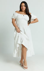 Claritza Midi Dress - Linen Look Short Puff Sleeve Square Neck Tiered Dress in White