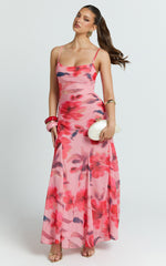 Claudia Maxi Dress - Floral Cowl Neck Godet Dress in Pink Floral