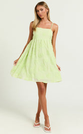 Claya Mini Dress - Sleeveless Straight Neckline Floral Detail Dress in Lime