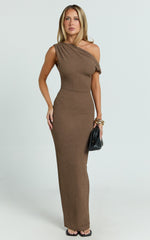 Clementine Maxi Dress - Tip Shoulder Ruched Bodycon Dress in Chocolate