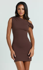 Clementine Mini Dress - Ribbed Off Shoulder Bodycon Dress in Chocolate