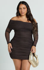 Clyde Mini Dress - Mesh Off Shoulder Ruched Bodycon Dress in Chocolate