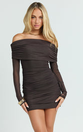 Clyde Mini Dress - Mesh Off Shoulder Ruched Bodycon Dress in Chocolate