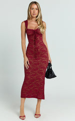 Collette Midi Dress - Ruched Bust Wide Strap Detail Lace Midi Dress in Wine