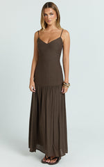 Collins Maxi Dress - V Neck Dropped Waist Gathered Maxi Dress in Chocolate