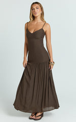 Collins Maxi Dress - V Neck Dropped Waist Gathered Maxi Dress in Chocolate