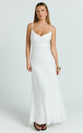 Collins Maxi Dress - V Neck Dropped Waist Gathered Maxi Dress in Off White