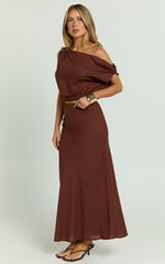 Collins Midi Skirt - Linen Look High Waisted Linen Look Bias Slip Skirt in Chocolate
