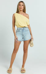 Collins Linen Blend Top - Draped Asymmetrical Neckline Top in Lemon