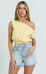 Collins Linen Blend Top - Draped Asymmetrical Neckline Top in Lemon