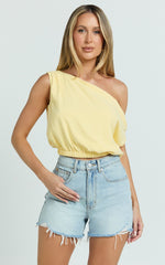 Collins Linen Blend Top - Draped Asymmetrical Neckline Top in Lemon