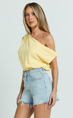 Collins Linen Blend Top - Draped Asymmetrical Neckline Top in Lemon