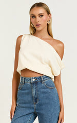 Collins Linen Blend Top - Draped Asymmetrical Neckline Top in Stone