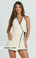 Connie Mini Dress - Linen Halter Neck Wrap Dress in Ecru