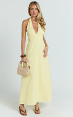 Connor Maxi Dress - Halter Neck Tie Back Dress in Lemon