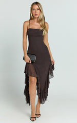 Constantina Midi Dress - Asymmetric Ruffle Tie Back Dress in Dark Chocolate