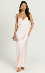 Lorenzia Maxi Dress - Plunge Corset Underbust Detail Satin Dress in Light Pink
