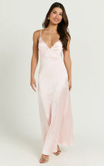 Lorenzia Maxi Dress - Plunge Corset Underbust Detail Satin Dress in Light Pink