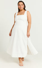 Walters Midi Dress - Square Neck Shirred Back Fit and Flare Panel Dress in White