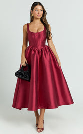 Courtney Midi Dress - Corset Panel Low Back Dress in Wine