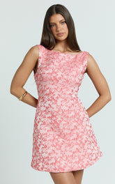 Courtney Mini Dress - Boat Neck Fit and Flare Dress in Pink