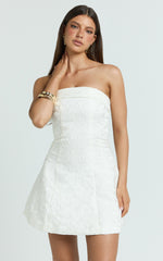 Courtney Mini Dress - Satin Paneled Strapless A Line Dress in White