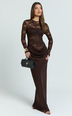 Crisanta Maxi Dress - Long Sleeve Contrast Lace Bodycon Dress in Chocolate
