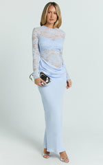 Crisanta Maxi Dress - Long Sleeve Contrast Lace Bodycon Dress in Pale Blue