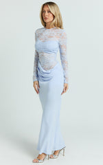 Crisanta Maxi Dress - Long Sleeve Contrast Lace Bodycon Dress in Pale Blue
