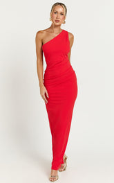 Criselda Maxi Dress - One Shoulder Maxi Dress in Red