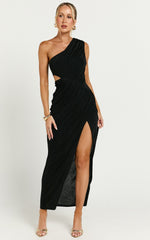 Cristle Midi Dress - One Shoulder Side Cut Out Thigh Split Dress in Black