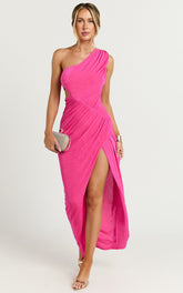 Cristle Midi Dress - One Shoulder Side Cut Out Thigh Split Dress in Hot Pink