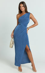 Cristle Midi Dress - One Shoulder Side Cut Out Thigh Split Dress in Steel Blue