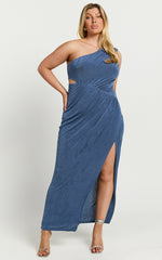 Cristle Midi Dress - One Shoulder Side Cut Out Thigh Split Dress in Steel Blue