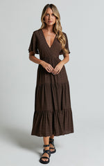 Cryzel Midi Dress - Flutter Sleeve Tiered Dress in Chocolate