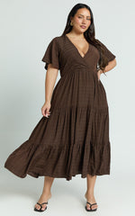 Cryzel Midi Dress - Flutter Sleeve Tiered Dress in Chocolate