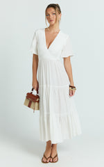 Cryzel Midi Dress - Flutter Sleeve Tiered Dress in White