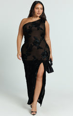 Shelby Maxi Dress - One Shoulder Rosette Fitted Applique Dress in Black