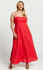Brette Midi Dress - Linen Straight Neck Strappy Fit And Flare Dress in Red