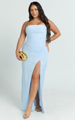 Camila Maxi Dress - Corset Panel Drape Matte Satin Dress in Blue