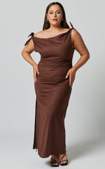 Cincinnati Midi Dress - Off The Shoulder Side Split Column Linen Dress in Chocolate